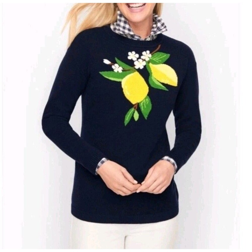 Talbots Lemon Print Pullover Sweater Navy Stretch Knit Long Sleeve Womens Size L